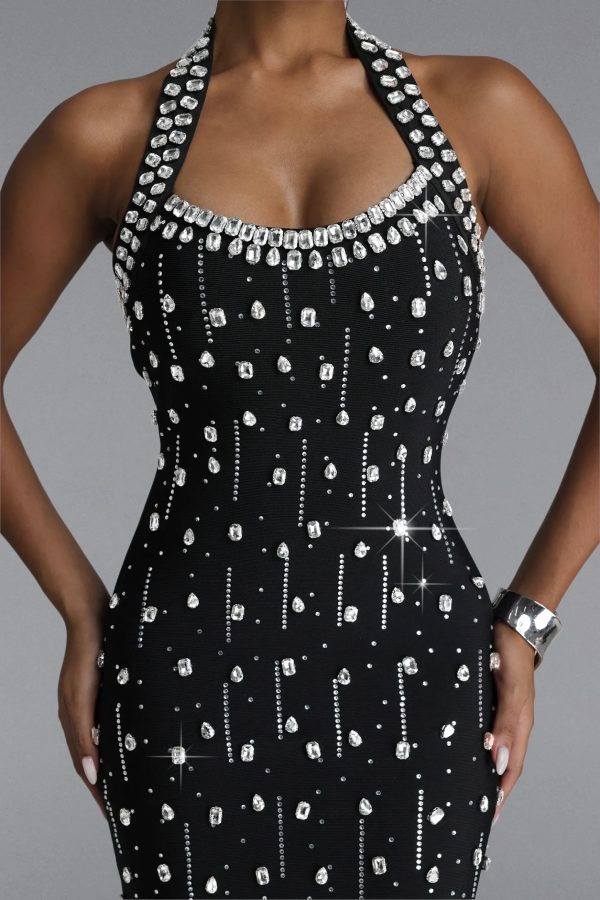 manik halter rhinestone bandage black mini dress 13