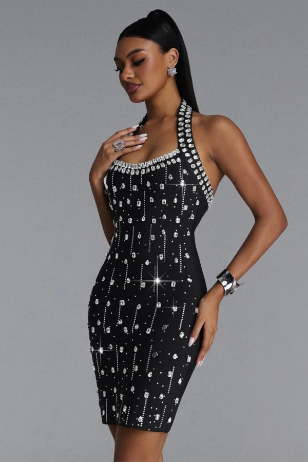manik halter rhinestone bandage black mini dress 14