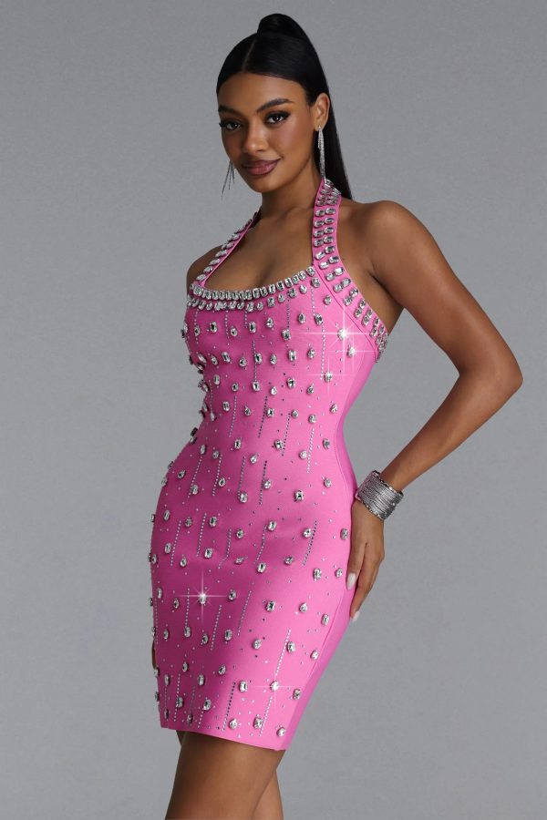manik halter rhinestone bandage pink mini dress 12