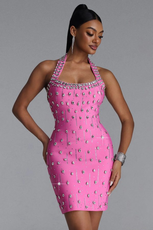 manik halter rhinestone bandage pink mini dress 14