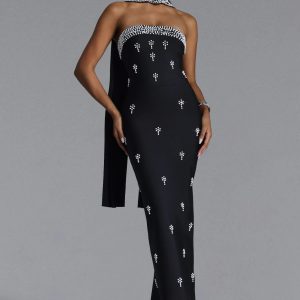 marina strapless rhinestone bandage black maxi dress 11