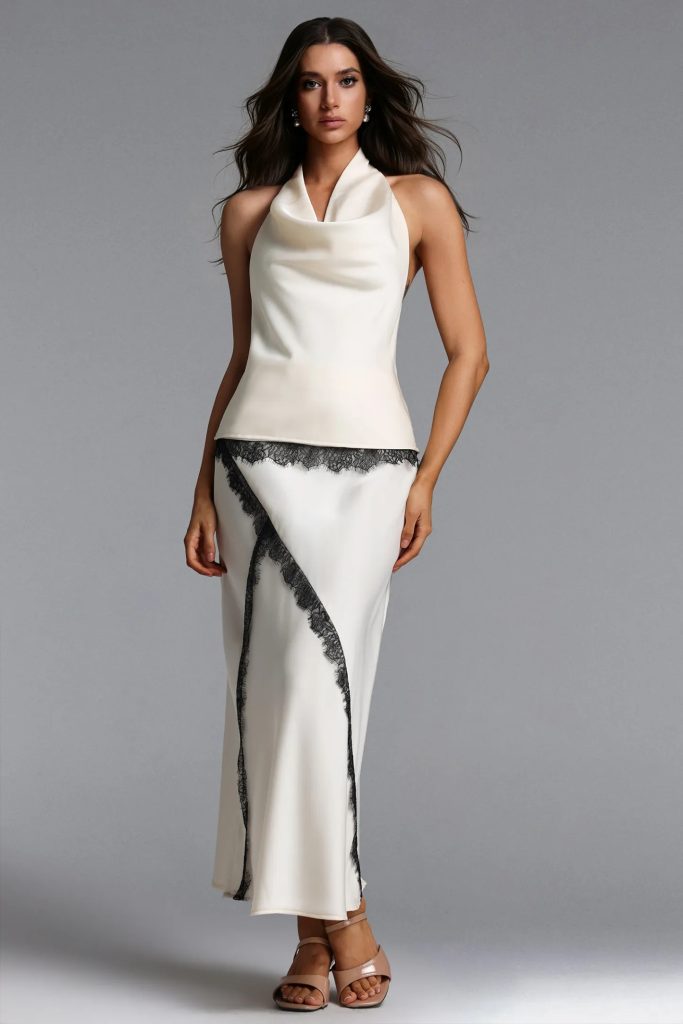 noor halter cowl neck lace top & skirt set 11
