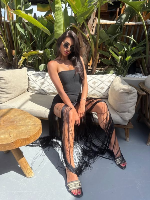 rendor strapless fringe bandage maxi dress in black 13