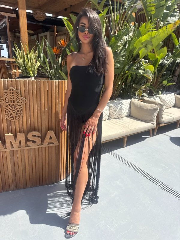 rendor strapless fringe bandage maxi dress in black 14