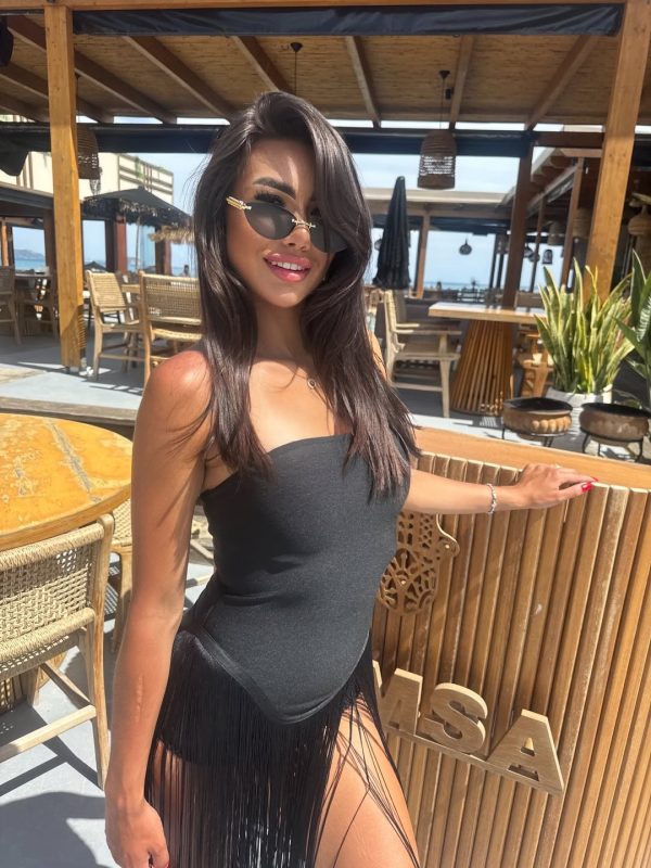 rendor strapless fringe bandage maxi dress in black 15