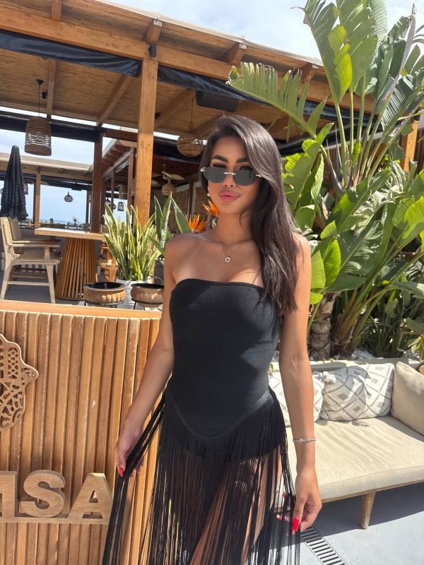 rendor strapless fringe bandage maxi dress in black 16