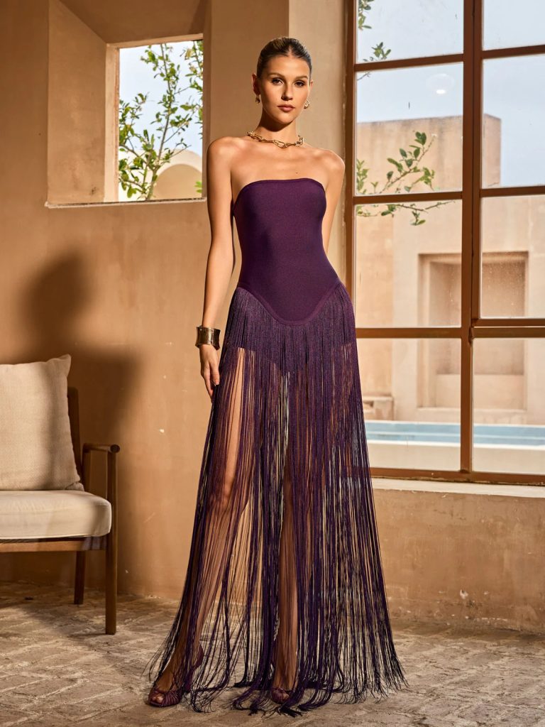 rendor strapless fringe bandage maxi dress in purple 11