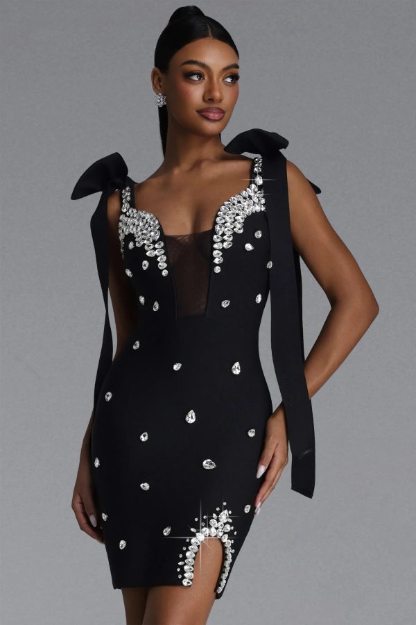 zatte bow strap rhinestone bandage black mini dress 12