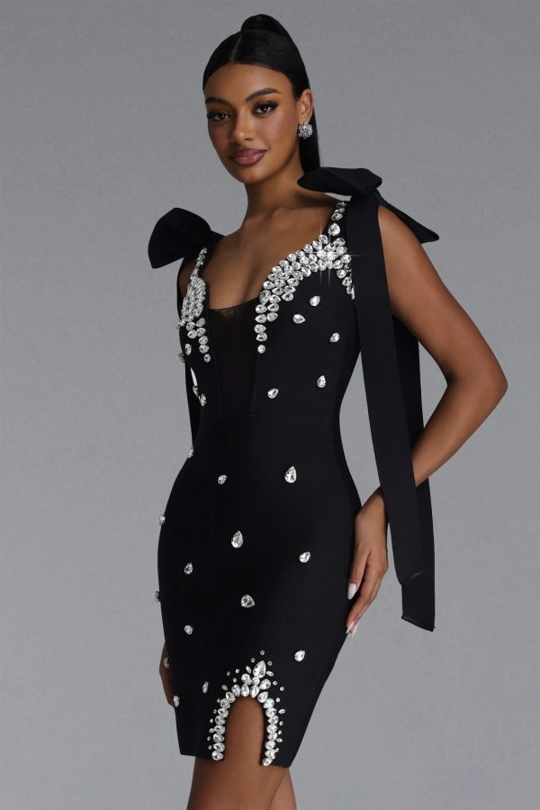 zatte bow strap rhinestone bandage black mini dress 14