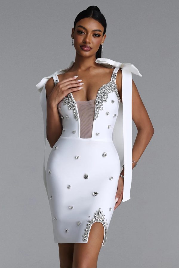 zatte bow strap rhinestone bandage white mini dress 12