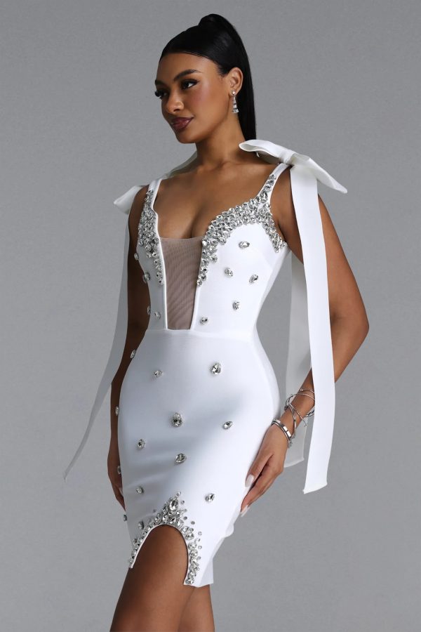 zatte bow strap rhinestone bandage white mini dress 15
