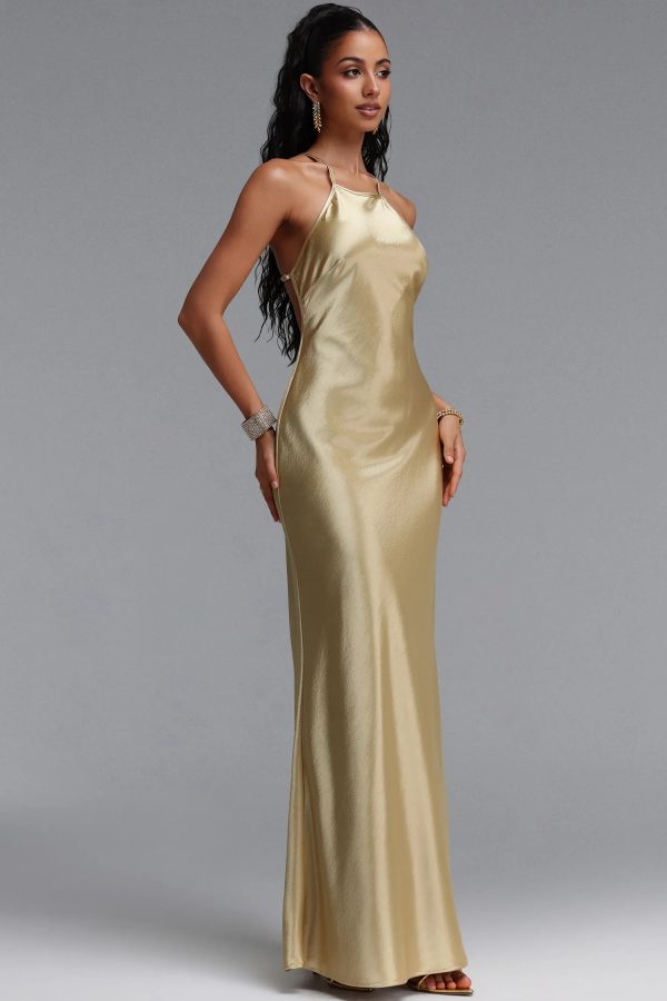 asteron backless satin maxi dress in gold 24