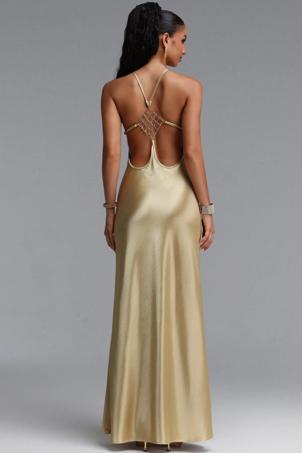 asteron backless satin maxi dress in gold 25