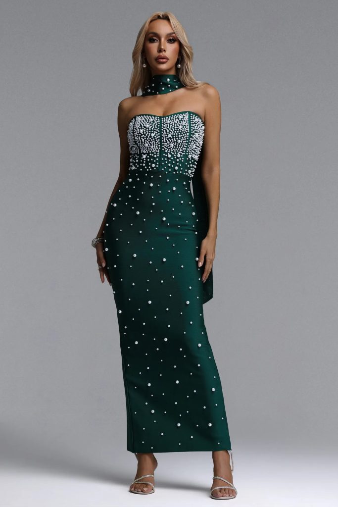 dalila strapless pearl bandage green maxi dress 11