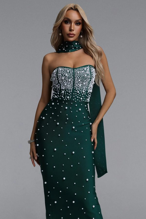 dalila strapless pearl bandage green maxi dress 12