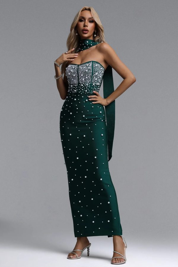 dalila strapless pearl bandage green maxi dress 15