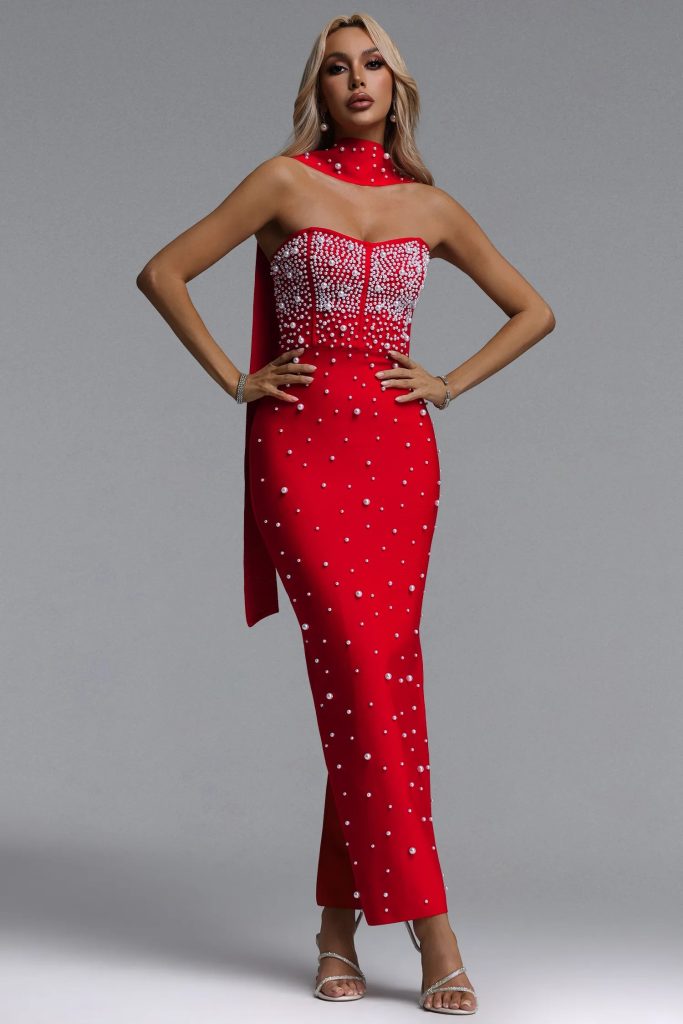 dalila strapless pearl bandage red maxi dress 11