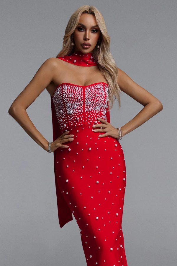 dalila strapless pearl bandage red maxi dress 12