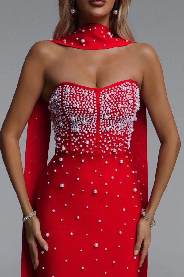 dalila strapless pearl bandage red maxi dress 13