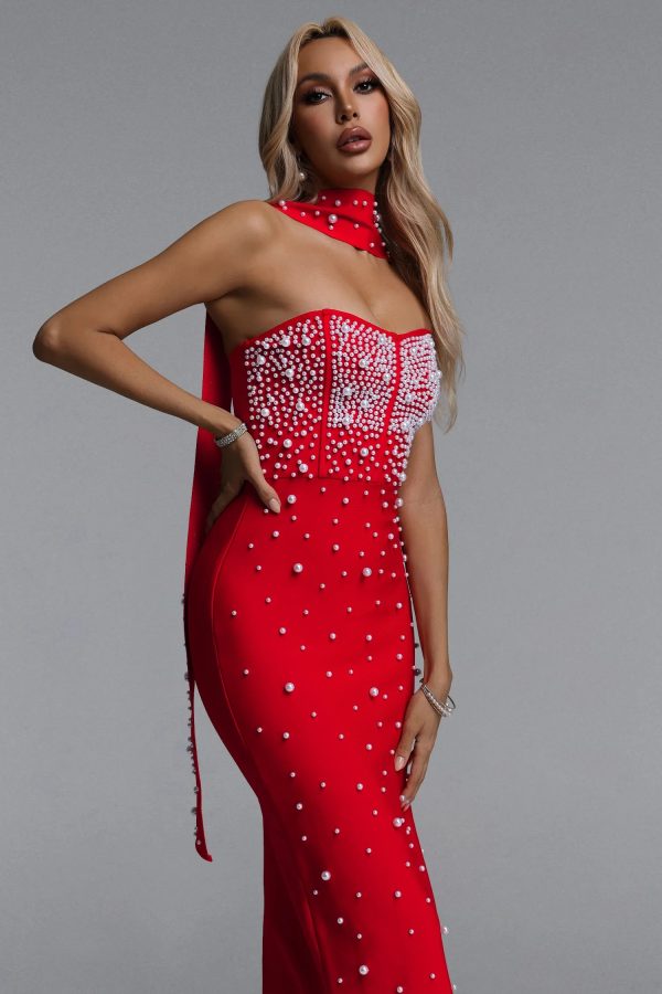 dalila strapless pearl bandage red maxi dress 14