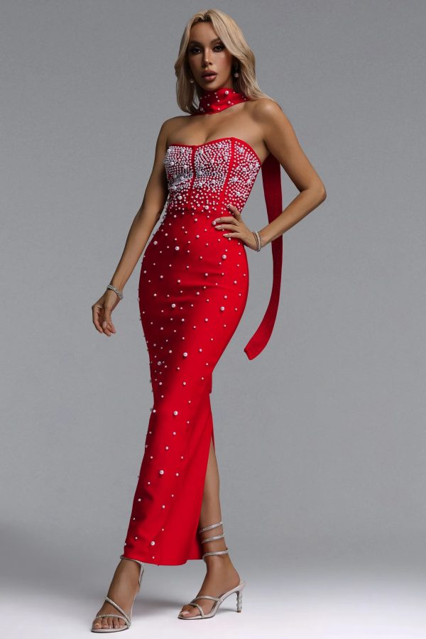dalila strapless pearl bandage red maxi dress 15
