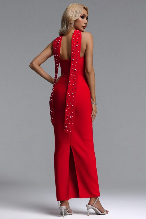 dalila strapless pearl bandage red maxi dress 16