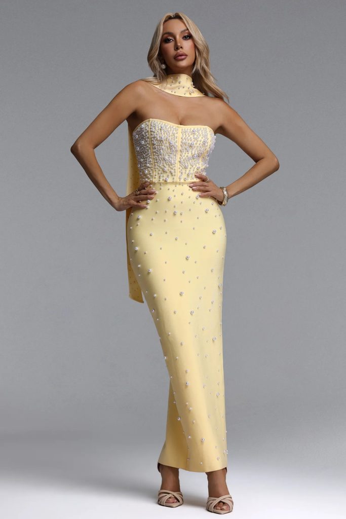 dalila strapless pearl bandage yellow maxi dress 11