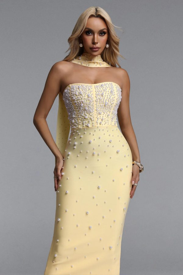 dalila strapless pearl bandage yellow maxi dress 12