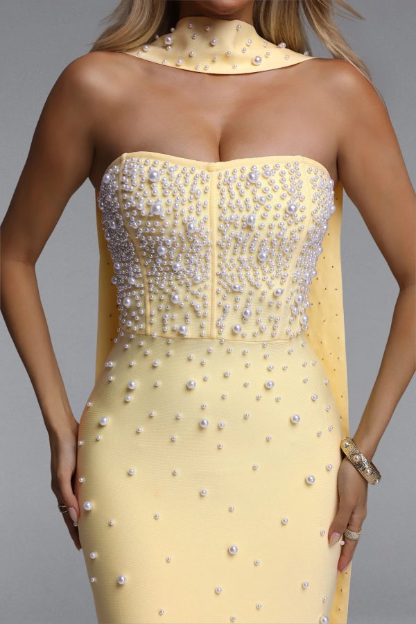dalila strapless pearl bandage yellow maxi dress 13