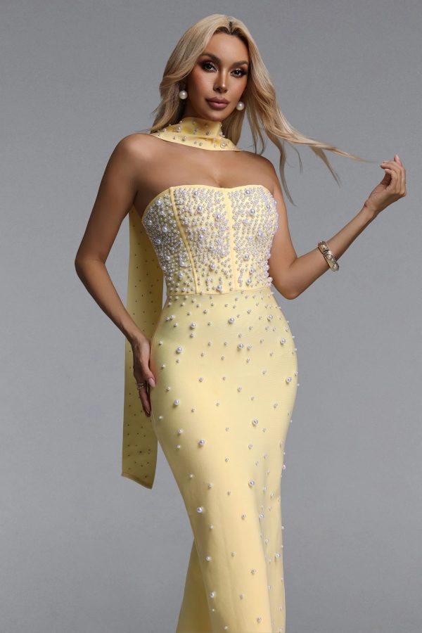dalila strapless pearl bandage yellow maxi dress 14