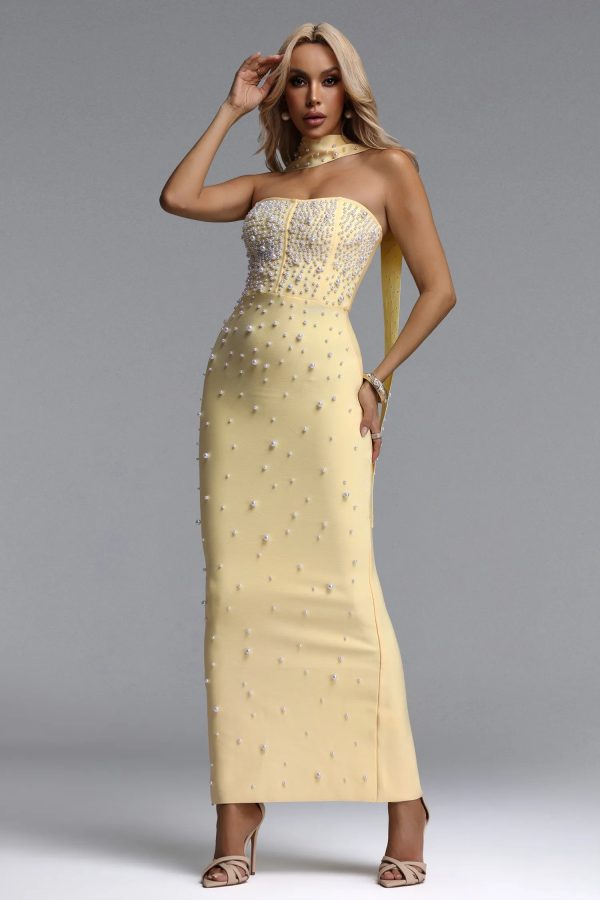 dalila strapless pearl bandage yellow maxi dress 15