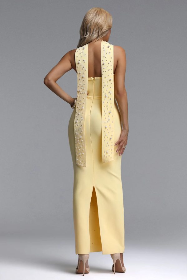 dalila strapless pearl bandage yellow maxi dress 16