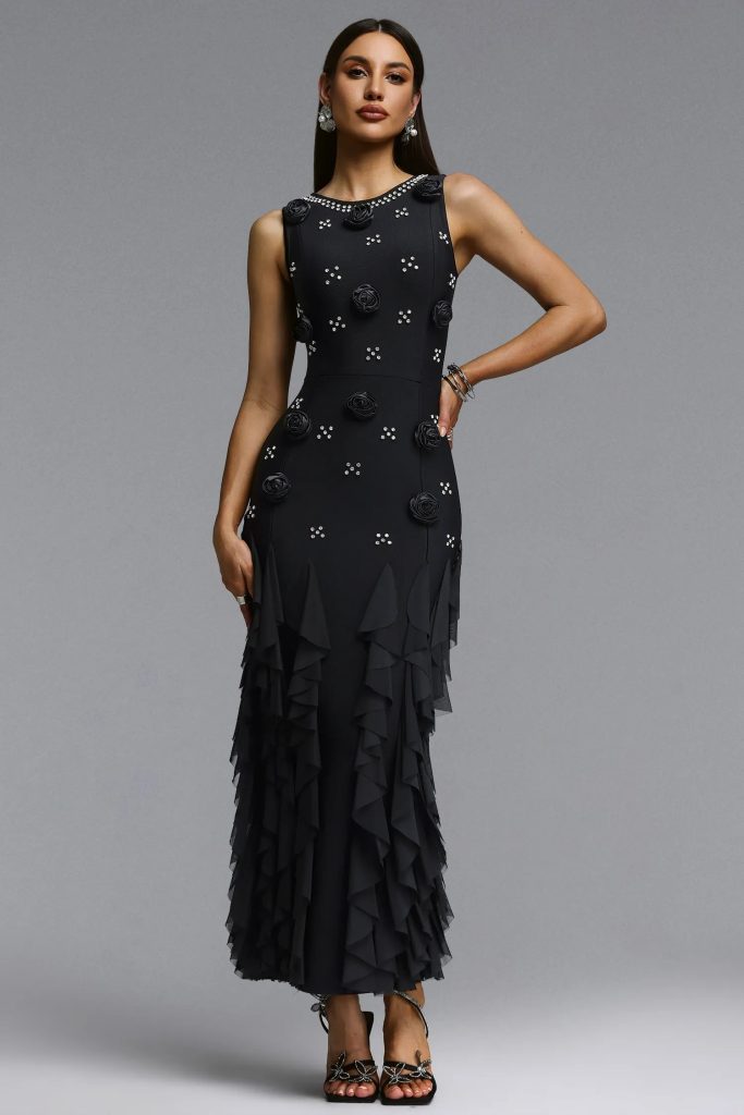 katy rhinestone floral bandage black maxi dress 11