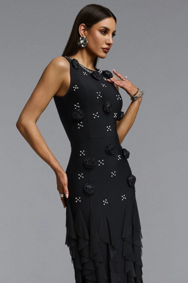 katy rhinestone floral bandage black maxi dress 14