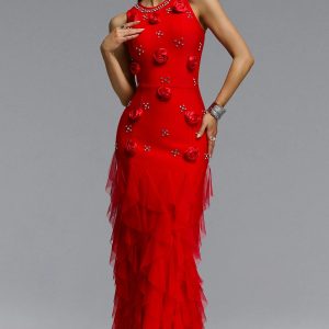 katy rhinestone floral bandage red maxi dress 11