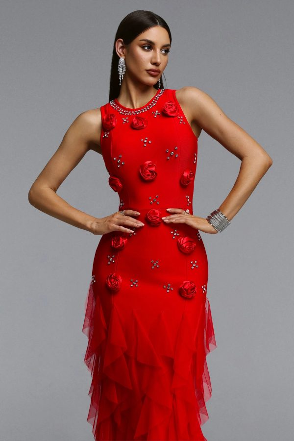 katy rhinestone floral bandage red maxi dress 12