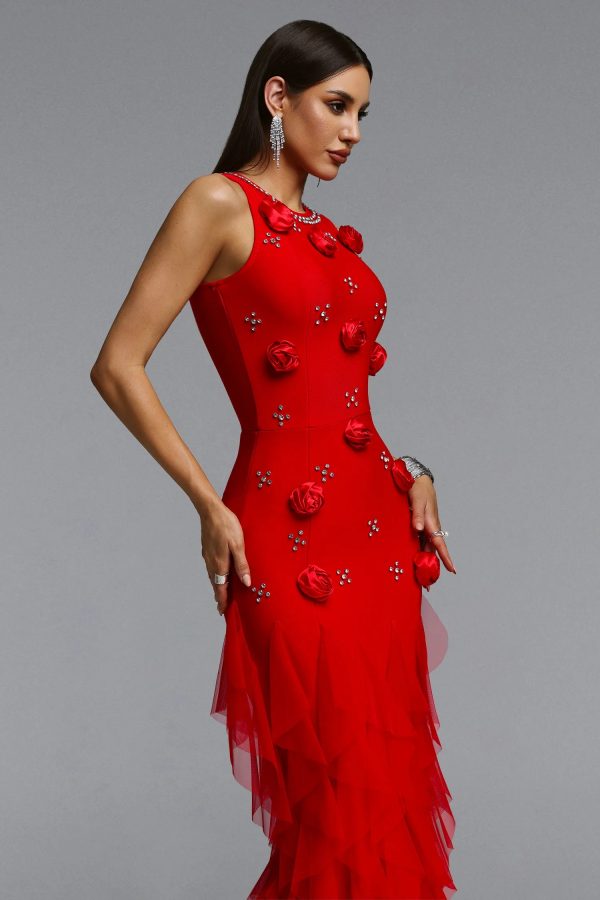 katy rhinestone floral bandage red maxi dress 14