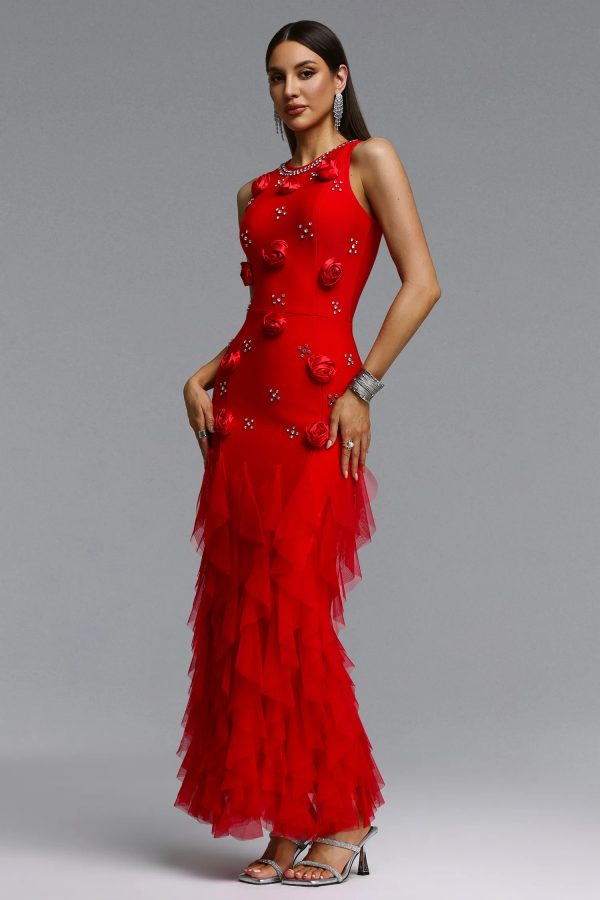 katy rhinestone floral bandage red maxi dress 15