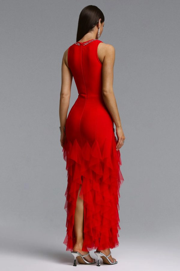 katy rhinestone floral bandage red maxi dress 16