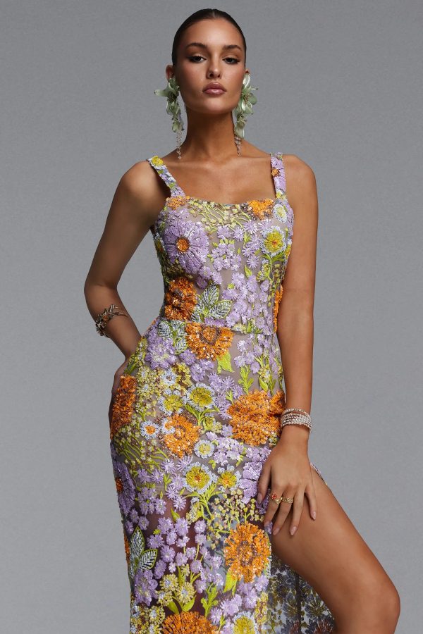 larina romantic embellished sequin floral high slit maxi dress 12