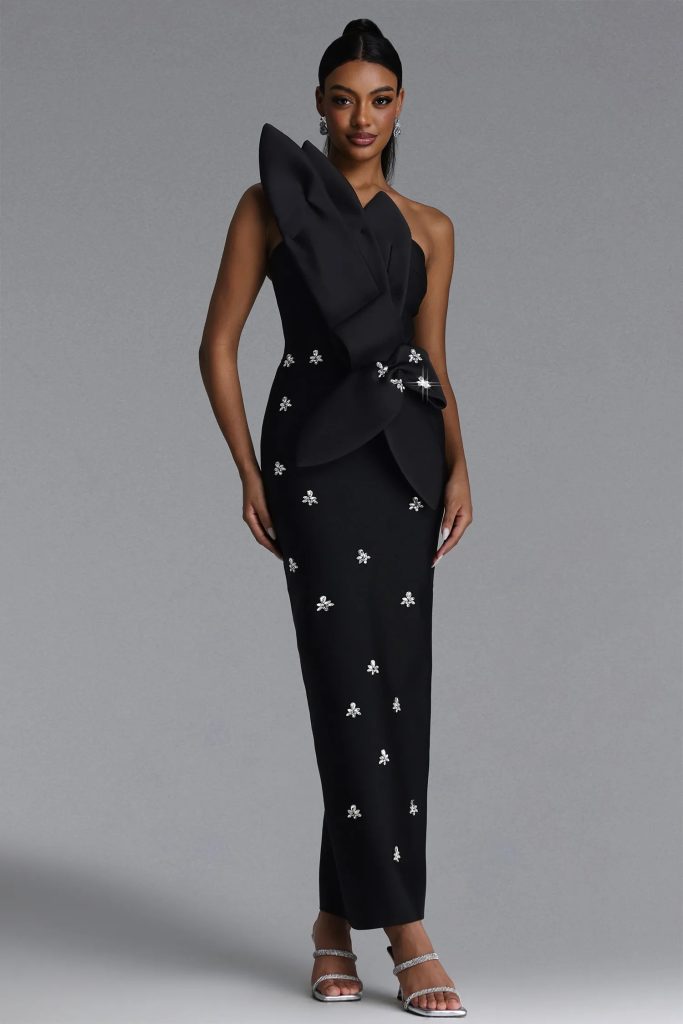 ohney strapless asymmetric rhinestone black bandage maxi dress 11