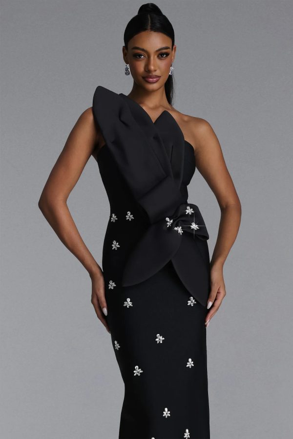 ohney strapless asymmetric rhinestone black bandage maxi dress 12