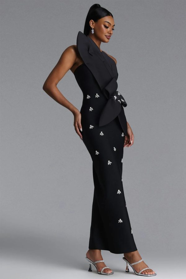 ohney strapless asymmetric rhinestone black bandage maxi dress 15