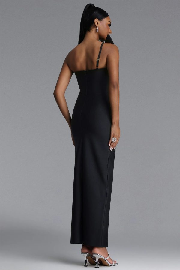 ohney strapless asymmetric rhinestone black bandage maxi dress 16