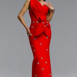 ohney strapless asymmetric rhinestone red bandage maxi dress 11