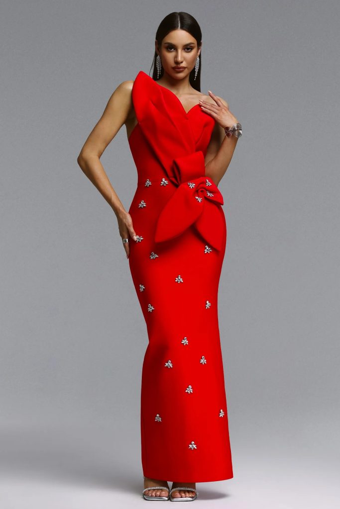 ohney strapless asymmetric rhinestone red bandage maxi dress 11