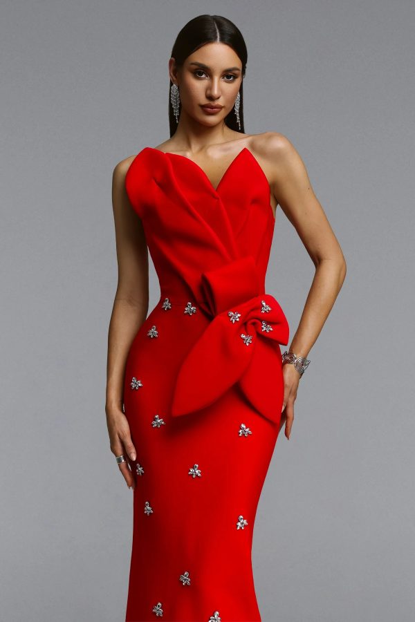 ohney strapless asymmetric rhinestone red bandage maxi dress 12