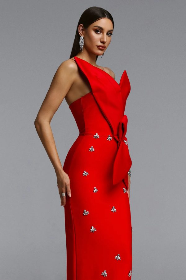 ohney strapless asymmetric rhinestone red bandage maxi dress 14