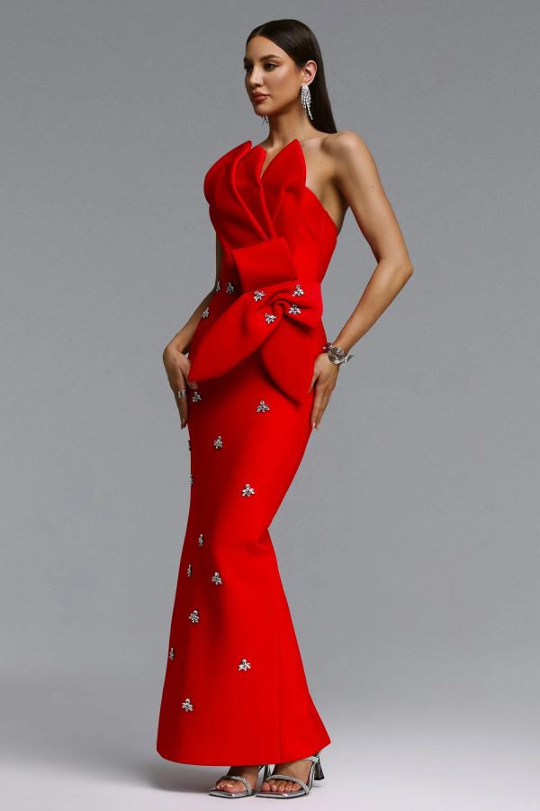 ohney strapless asymmetric rhinestone red bandage maxi dress 15