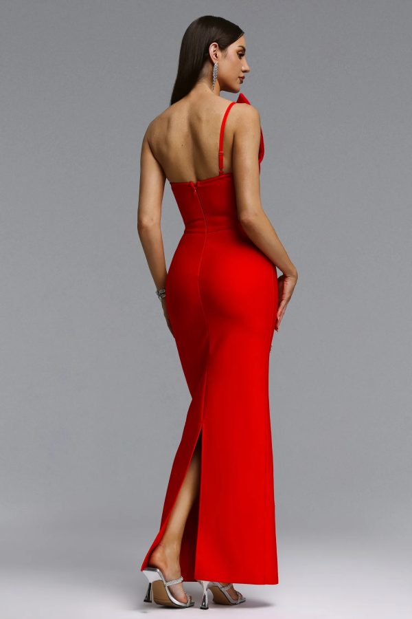 ohney strapless asymmetric rhinestone red bandage maxi dress 16